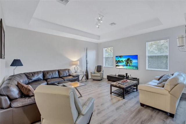 living room featuring light wood-type flooring and a raised ceiling