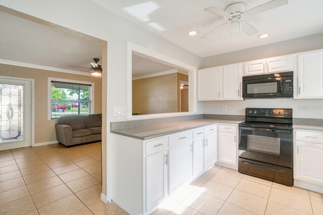 kitchen featuring black appliances, ceiling fan, white cabinetry, and light tile patterned floors