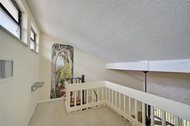 1026 Bird Bay Way Unit 276, Venice, FL 34285 - corridor featuring a textured ceiling, an upstairs landing, carpet, and baseboards