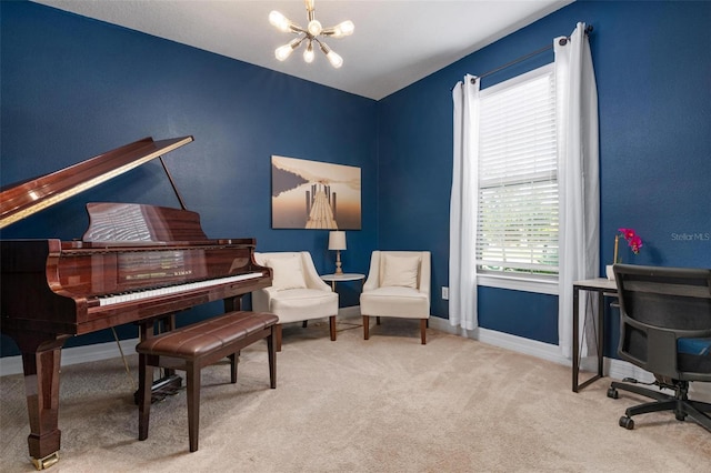 miscellaneous room with light carpet and a chandelier