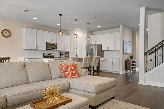 living room with a textured ceiling, dark hardwood / wood-style floors, and sink