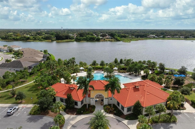 aerial view featuring a water view