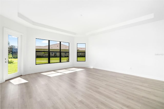 unfurnished room featuring light hardwood / wood-style flooring, a raised ceiling, and a healthy amount of sunlight