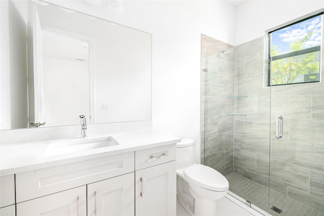 bathroom with an enclosed shower, vanity, and toilet