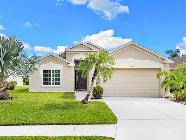 ranch-style home featuring a garage and a front lawn