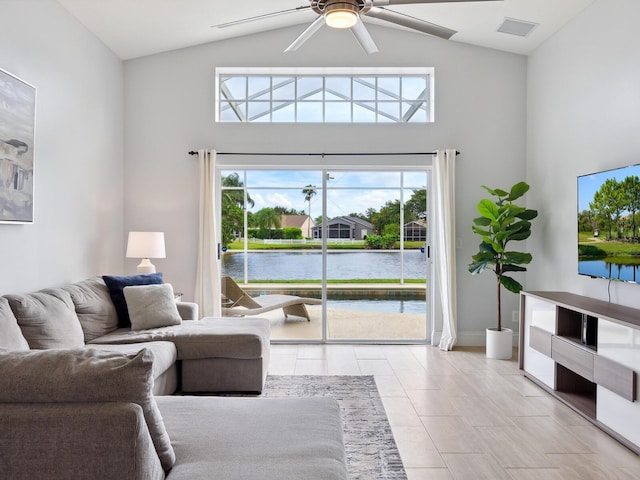 living room with vaulted ceiling and ceiling fan