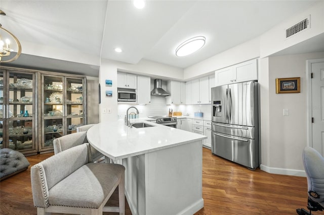 kitchen featuring sink, white cabinetry, kitchen peninsula, stainless steel appliances, and wall chimney range hood