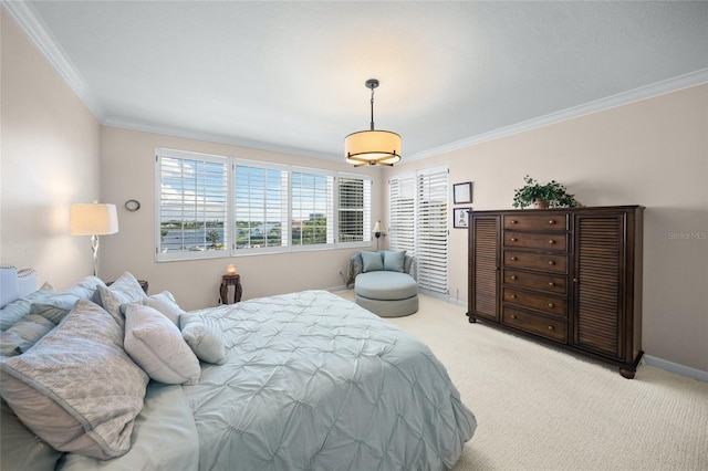 bedroom featuring ornamental molding and light carpet