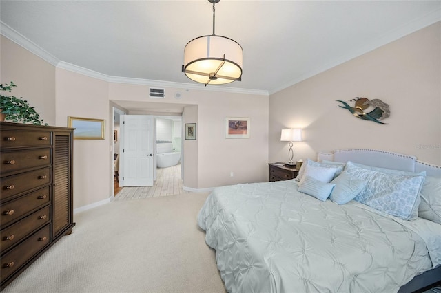 carpeted bedroom featuring connected bathroom and crown molding