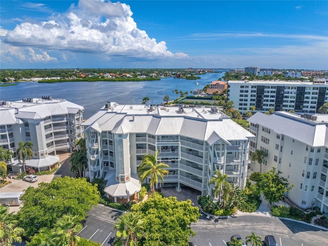 aerial view featuring a water view