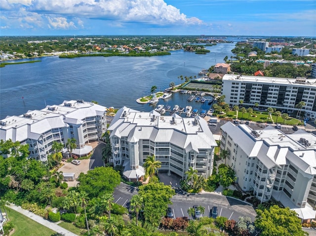 drone / aerial view with a water view