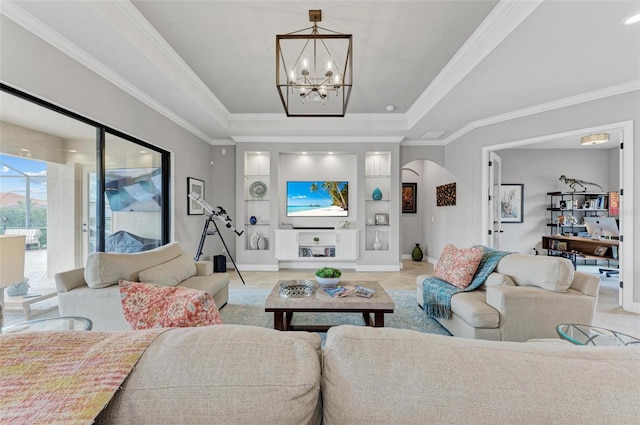 tiled living room with a chandelier and crown molding