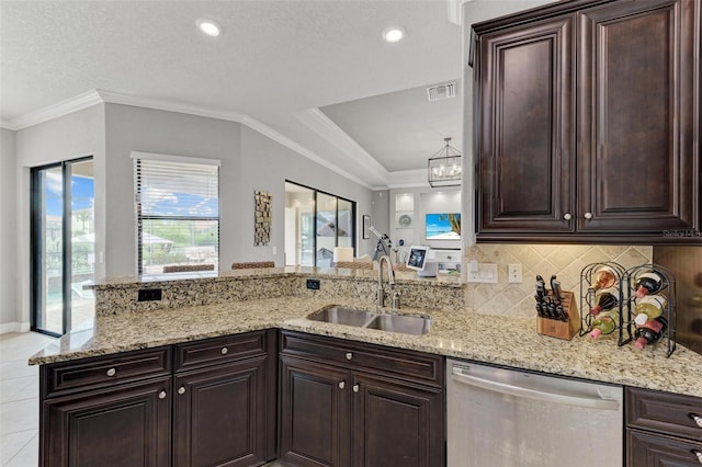 kitchen with dishwasher, a textured ceiling, sink, backsplash, and ornamental molding