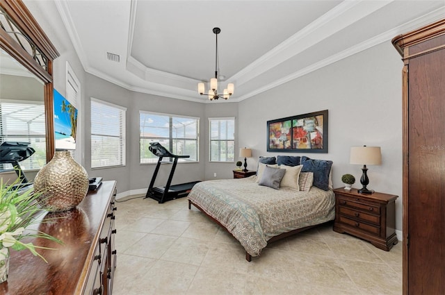 bedroom featuring crown molding, a tray ceiling, an inviting chandelier, and light tile patterned floors