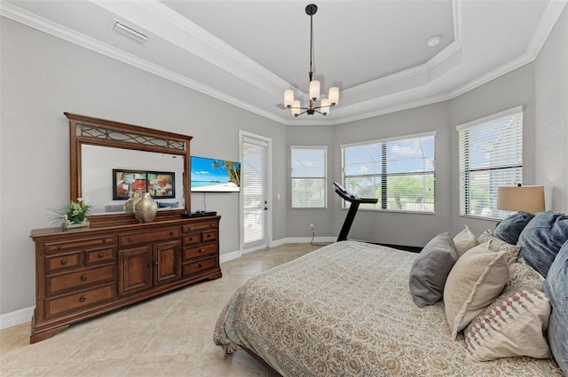 tiled bedroom featuring a notable chandelier, a tray ceiling, access to exterior, and crown molding