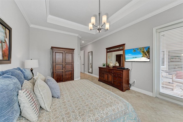 bedroom featuring an inviting chandelier, a tray ceiling, light tile patterned floors, and ornamental molding