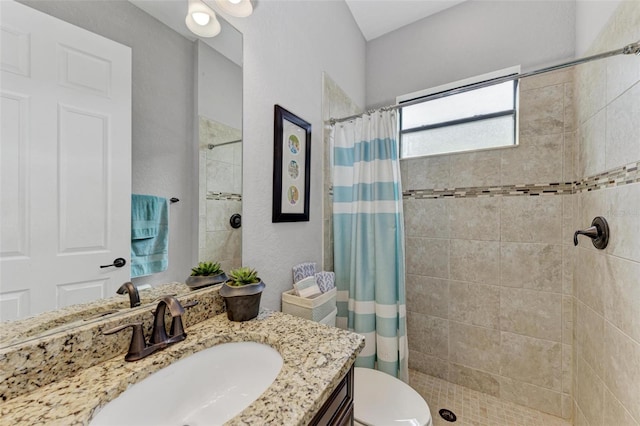 bathroom featuring walk in shower, vanity, and toilet