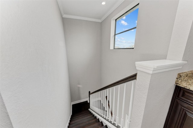 stairs featuring wood-type flooring and crown molding