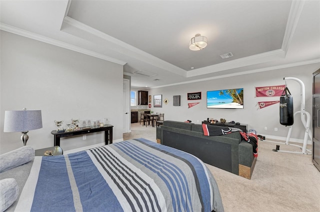 bedroom featuring carpet flooring, a raised ceiling, and ornamental molding