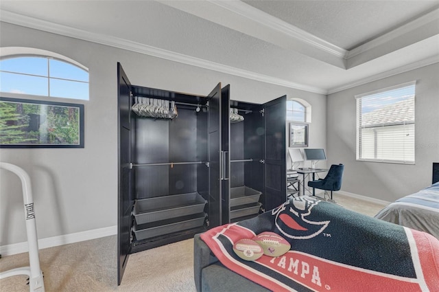 carpeted bedroom featuring a textured ceiling, crown molding, and multiple windows