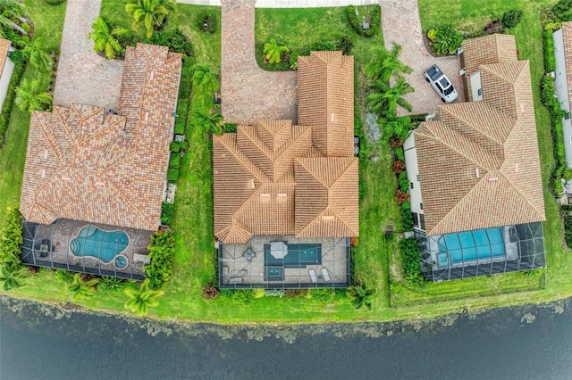 drone / aerial view with a water view