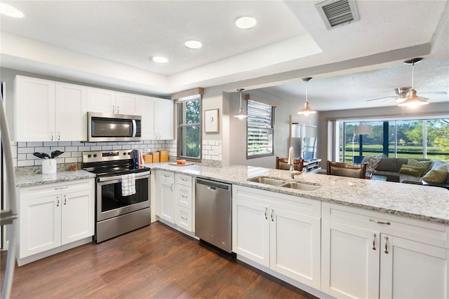 kitchen with white cabinetry, dark hardwood / wood-style flooring, pendant lighting, stainless steel appliances, and sink