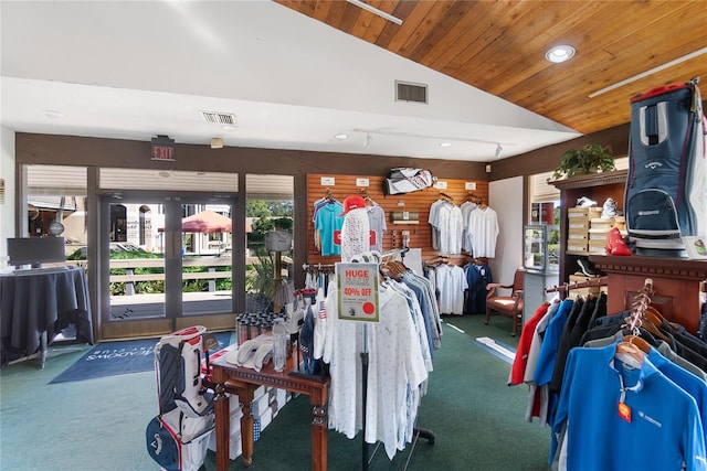 interior space featuring carpet flooring, vaulted ceiling, and plenty of natural light