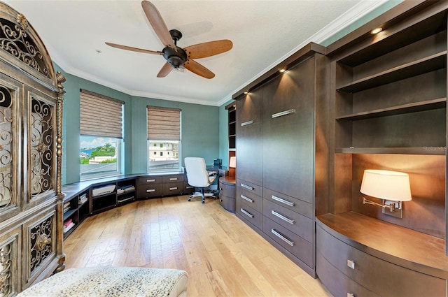 unfurnished office featuring light hardwood / wood-style floors, ceiling fan, and crown molding