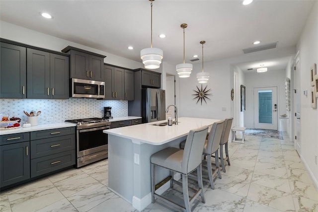 kitchen with stainless steel appliances, backsplash, a center island with sink, sink, and decorative light fixtures