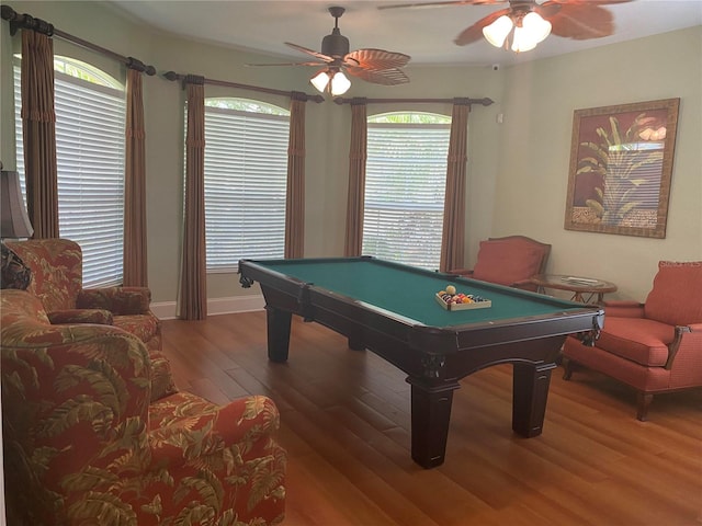 game room with wood-type flooring, ceiling fan, and billiards