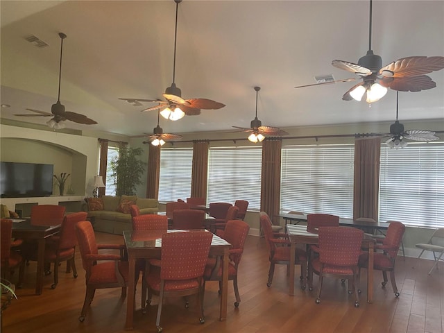 dining room featuring ceiling fan and hardwood / wood-style flooring