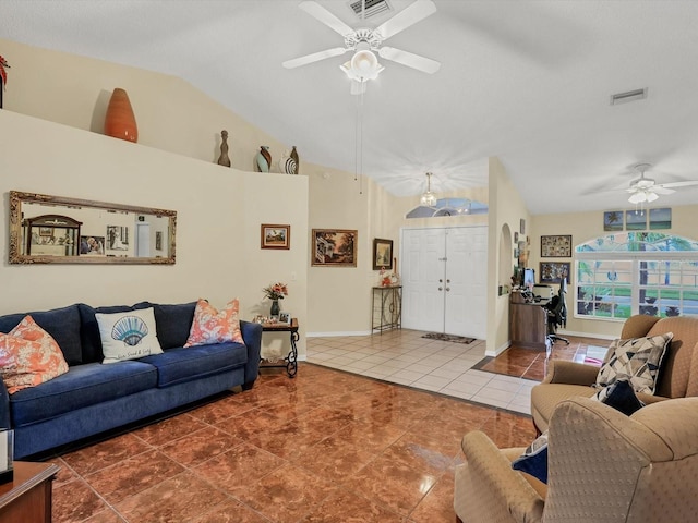 tiled living room with ceiling fan and lofted ceiling