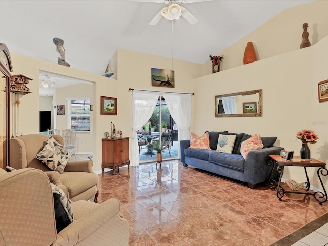 tiled living room with high vaulted ceiling and ceiling fan