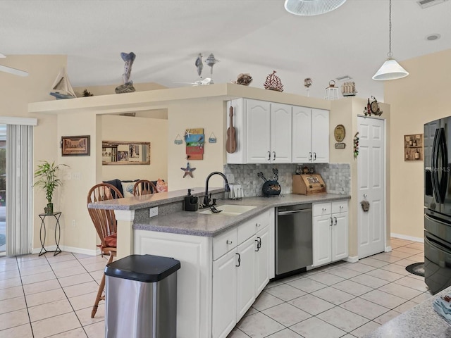 kitchen with kitchen peninsula, white cabinetry, pendant lighting, and stainless steel dishwasher