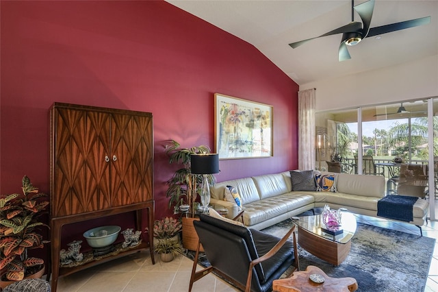 tiled living room with vaulted ceiling and ceiling fan