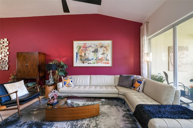 living room featuring lofted ceiling and ceiling fan