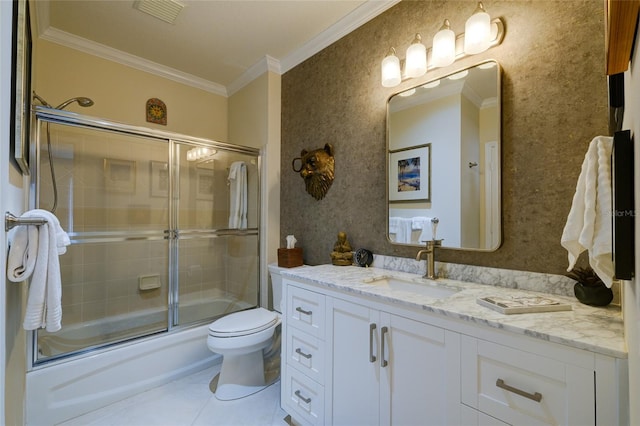 full bathroom with enclosed tub / shower combo, vanity, ornamental molding, tile patterned floors, and toilet