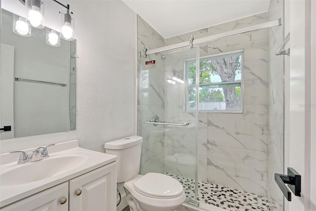 bathroom with vanity, toilet, and a shower with door