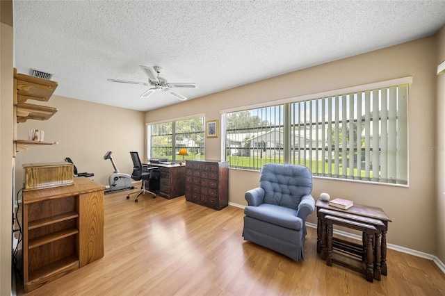 home office featuring ceiling fan, a textured ceiling, and light wood-type flooring