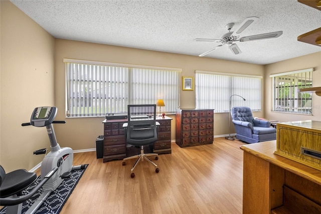 office area with ceiling fan, light hardwood / wood-style flooring, and a textured ceiling