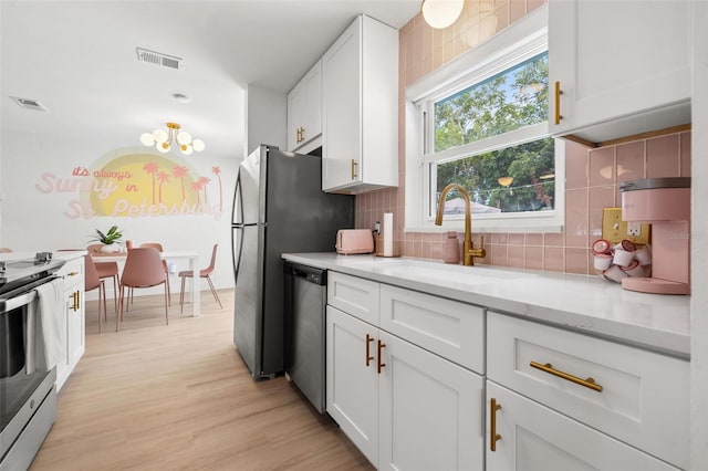 kitchen with sink, light hardwood / wood-style flooring, backsplash, white cabinetry, and stainless steel appliances