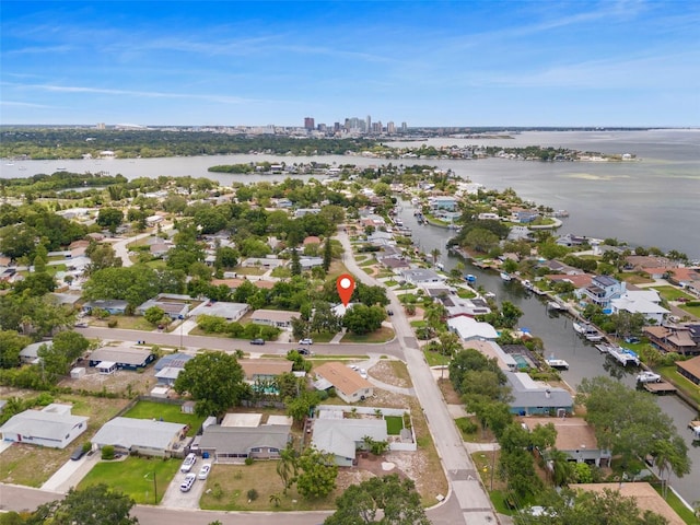 bird's eye view with a water view