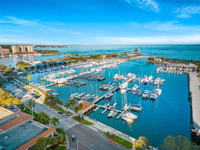 birds eye view of property featuring a water view