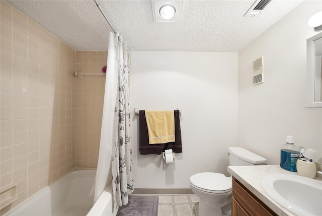 full bathroom with a textured ceiling, vanity, toilet, and shower / bath combination with curtain