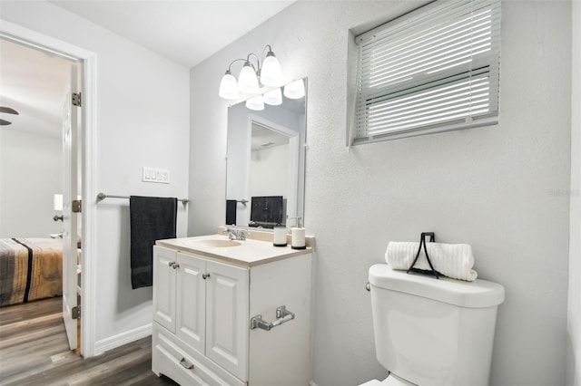 bathroom with wood-type flooring, vanity, and toilet