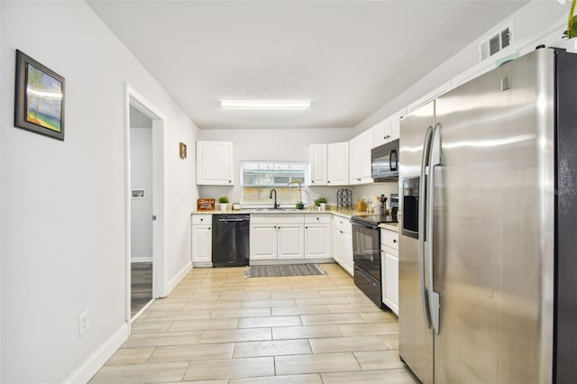 kitchen with white cabinets, sink, and black appliances