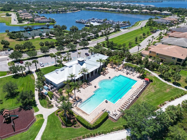 drone / aerial view with a water view