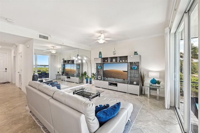 living room with ceiling fan and crown molding