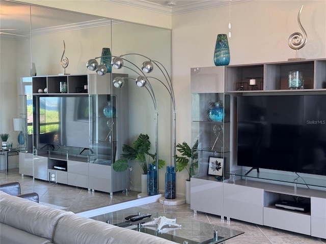 tiled living room featuring crown molding