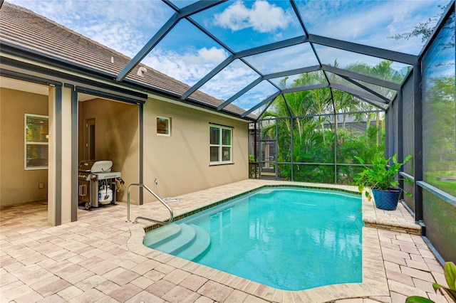 view of pool featuring a lanai, area for grilling, and a patio area